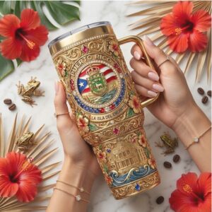 Puerto Rico Isla Del Encanto 40oz Tumbler 3D Gold Filigree & Hibiscus Flower Design