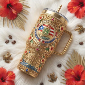 Puerto Rico Isla Del Encanto 40oz Tumbler 3D Gold Filigree & Hibiscus Flower Design