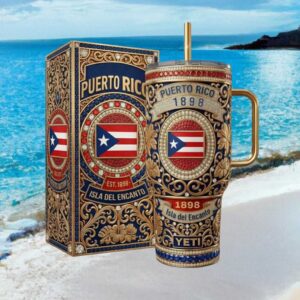Puerto Rico “Isla del Encanto” Est 1898 Luxury Gold & Jewel Inlaid Tumbler