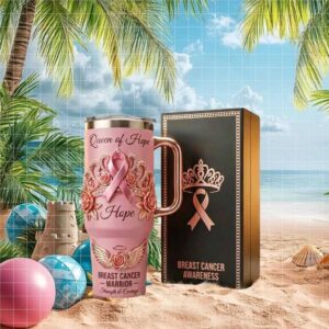 Queen of Hope Breast Cancer Awareness Pink Tumbler with Crown & Handle