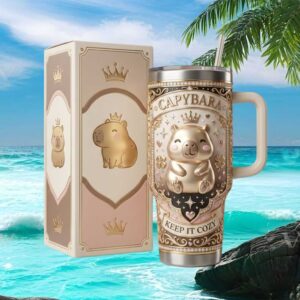 Royal Capybara “Keep It Cozy” Pastel Pink & Gold Filigree Tumbler