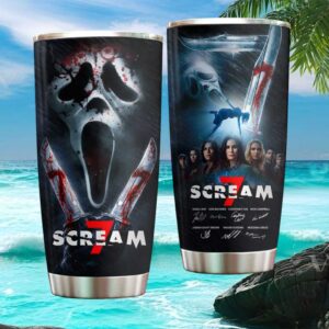 Scream 7 Bloody Ghostface Mask & Crossed Knives Horror Tumbler