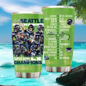 Seattle Seahawks Super Bowl LX Champions Action Collage Neon Green Anniversary Tumbler