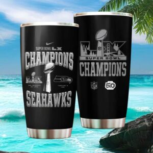 Seattle Seahawks Super Bowl LX Champions Black & Silver 50th Anniversary Logo Tumbler