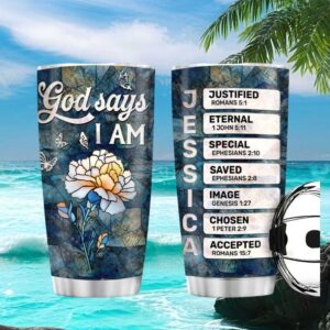 Stained Glass Flower “God Says I Am” Personalized Name Meaning Tumbler