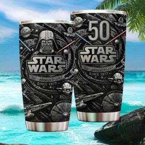Star Wars 50th Anniversary Since 1977 Darth Vader and Yoda Silver Embossed Style Tumbler