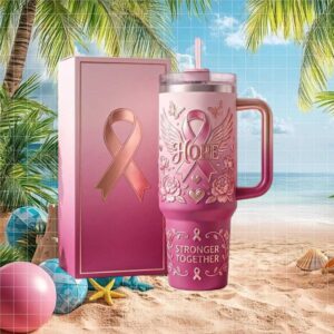 Stronger Together Breast Cancer Awareness Pink Ombre Floral 40oz Tumbler