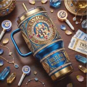 TWICE World Tour 2026 K Pop 40oz Tumbler with Handle, 3D Embossed Gold & Blue Design
