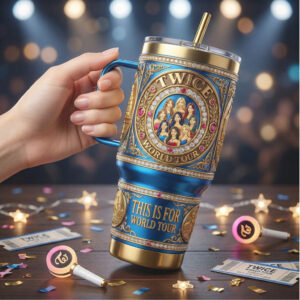 TWICE World Tour 2026 K Pop 40oz Tumbler with Handle, 3D Embossed Gold & Blue Design