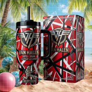 Van Halen Guitar Legend “Eruption” Red White Black Striped 40oz Tumbler