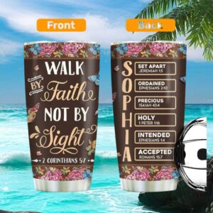 Walk by Faith Not by Sight Personalized Butterfly & Floral Leather Look Tumbler