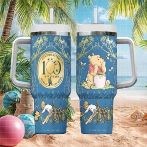 Winnie the Pooh Celebrating 100 Years Blue Insulated Travel Tumbler with Handle