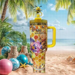 Winnie the Pooh and Friends Honeycomb Pattern Custom Tumbler with Bee Straw Topper