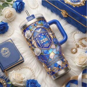 Zeta Phi Beta (ZPB) Sorority 40oz Tumbler Royal Blue & White Stained Glass