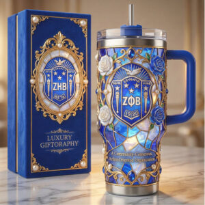 Zeta Phi Beta (ZPB) Sorority 40oz Tumbler Royal Blue & White Stained Glass