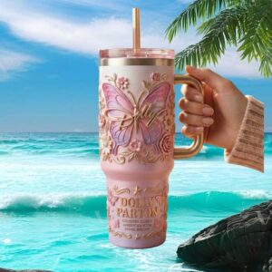 3D Dolly Parton Butterfly Pink Custom 40oz Tumbler with Handle