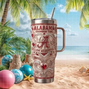 Alabama Crimson Tide Fan Tumbler Roll Tide Floral Heart Edition