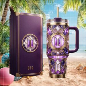 BTS K Pop Army Purple Crystal & Gold Stained Glass Luxury Tumbler