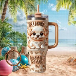 Baby Dog So Cute 3D Puppy Relief 40oz Tumbler Cream Gold Luxury Pet Lover Gift