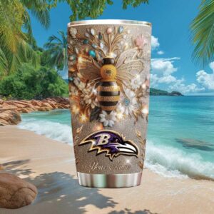 Baltimore Ravens Custom Name Jeweled Bee & Floral Sparkle Tumbler