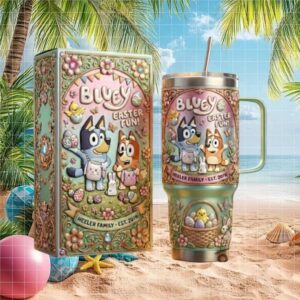 Bluey Easter Fun Heeler Family Personalized 3D Effect 40oz Stainless Steel Tumbler
