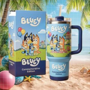 Bluey Family Commemorative Edition Kids & Adults Blue Travel Tumbler with Straw