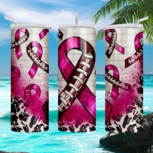 Breast Cancer Awareness Pink Ribbon Football Cowhide Skinny Tumbler Design