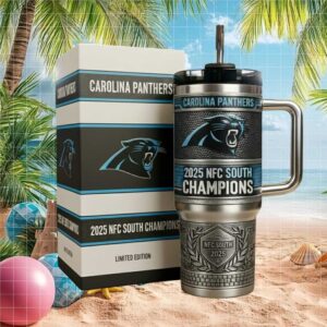 Carolina Panthers 2025 NFC South Champions Limited Edition Silver & Black 40oz Tumbler