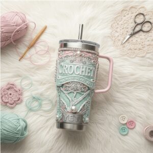 Crochet Handmade Heart Art 3D Pastel Yarn & Pearl Luxury Tumbler