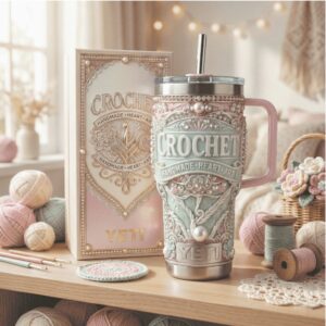 Crochet Handmade Heart Art 3D Pastel Yarn & Pearl Luxury Tumbler
