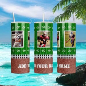 Custom Football Field Photo Frame Personalized Sports Skinny Tumbler Design