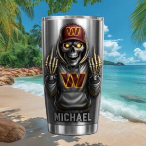 Custom Name Washington Commanders Badass Skeleton 20oz Travel Tumbler