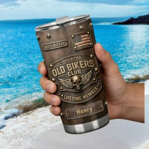 Custom Old Bikers Club Lifetime Member Brown Faux Leather Skull Tumbler