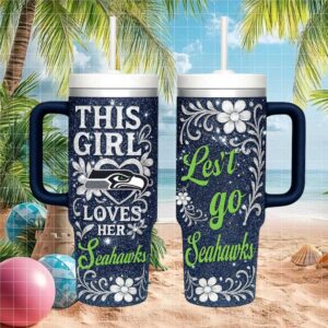 Custom Seattle Seahawks Floral Glitter Travel Mug Fan Gift for Her 40oz