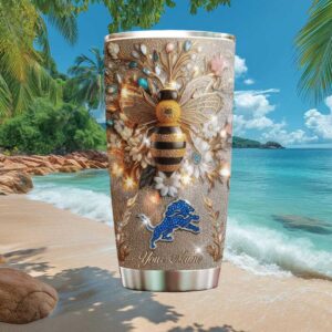Detroit Lions Custom Name Jeweled Bee & Flowers Glitter Steel Tumbler