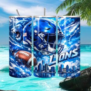 Detroit Lions Fantasy Football 20oz Tumbler Wrap Glowing Blue Lion & City Skyline