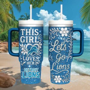 Detroit Lions NFL Blue Glitter 40oz Tumbler with Straw and Handle
