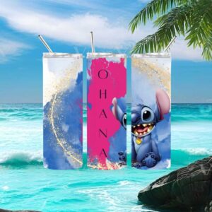 Disney Stitch Ohana Means Family Blue Pink Watercolor Tumbler Wrap