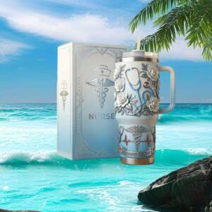 Elegant Nurse 3D Floral Caduceus Blue Ombre Medical Professional Tumbler
