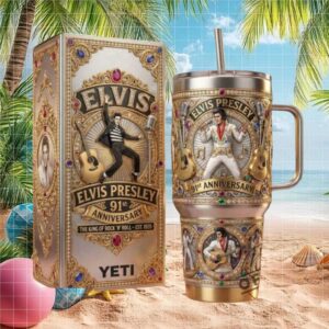 Elvis Presley 91st Anniversary “King of Rock 'n' Roll” 40oz Yeti Tumbler Gold