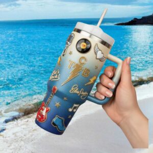 Elvis Presley TCB Lightning Bolt Signature Blue Glitter Holiday Tumbler