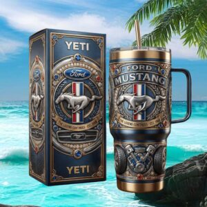 Ford Mustang The Legend Continues Est. 1964 3D Chrome Style Tumbler & Yeti Box