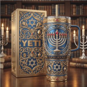 Hanukkah Festival of Lights 3D Menorah Embossed Tumbler Blue & Gold Jewelry Style
