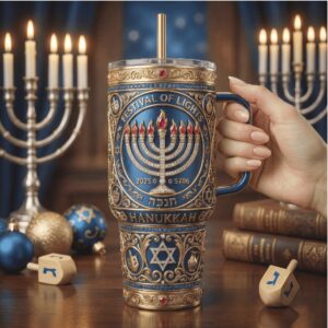 Hanukkah Festival of Lights 3D Menorah Embossed Tumbler Blue & Gold Jewelry Style