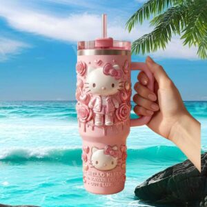 Hello Kitty 3D Embossed Pink Floral Luxury Tumbler with Handle