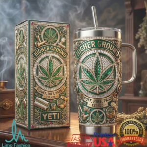 Higher Ground 420 Aesthetic Ornate Green Leaf Tumbler Design