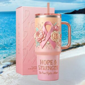 Hope & Strength Pink Ribbon 3D Peony Flower 40oz Insulated Tumbler