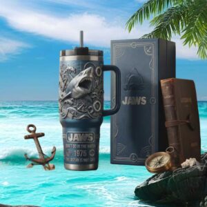 JAWS 1975 “Don't Go In The Water” 3D Shark Attack 40oz Blue Tumbler