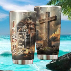 Jesus and Lion of Judah Christian Tumbler The Way The Truth The Life Cross Design