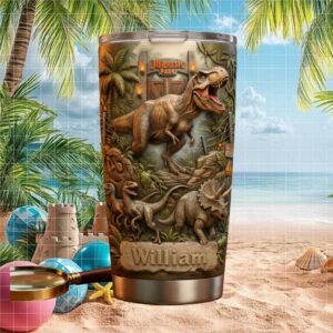 Jurassic Park T Rex 3D Embossed Style Tumbler Personalized Name Dinosaur Tumbler